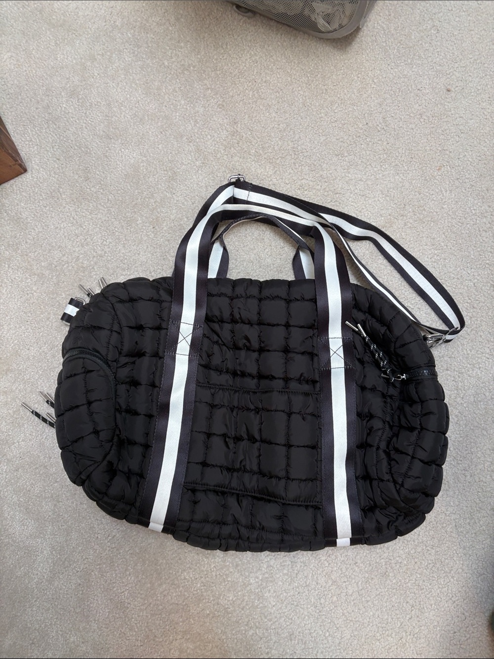 Pink Lily Black Quilted Travel Duffel with Striped Shoulder Strap
